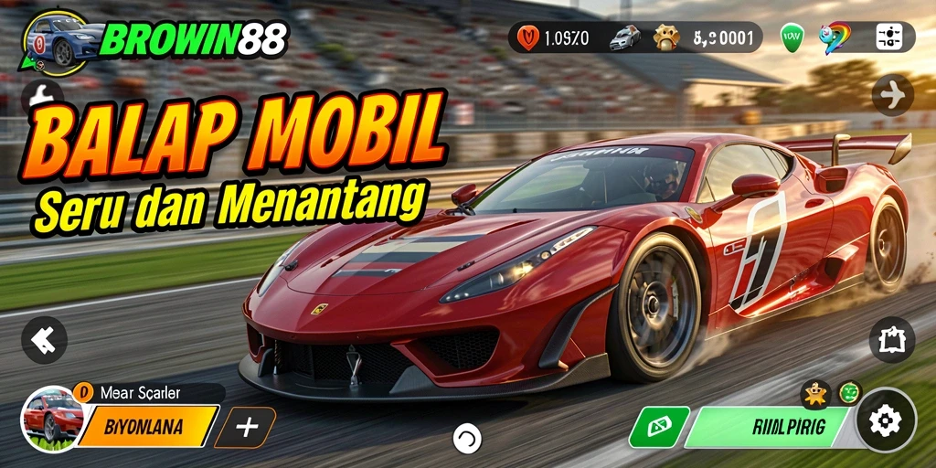 Screenshot gameplay BROWIN88 dengan mobil balap di lintasan.