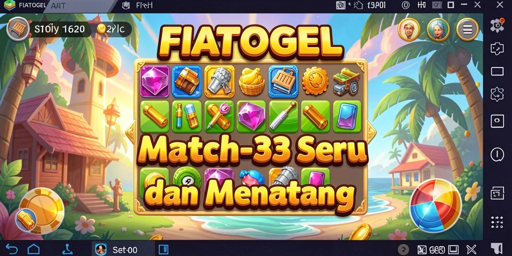 Screenshot utama FIATOGEL menampilkan aksi permainan Match-3 yang seru.