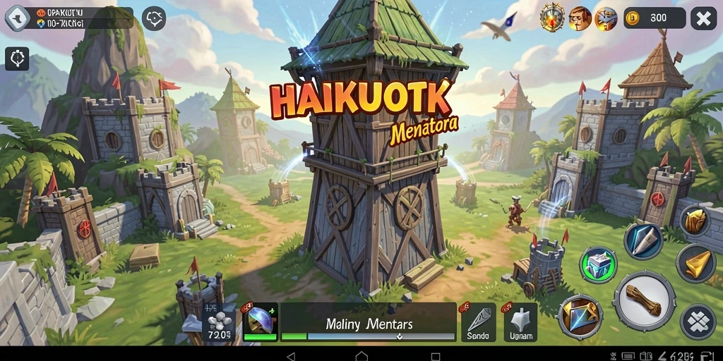 Tampilan gameplay HAIKUOTK dengan menara pertahanan yang megah.