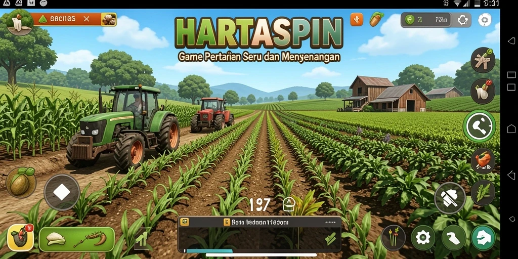 Tampilan gameplay HARTASPIN dengan suasana pertanian yang indah.
