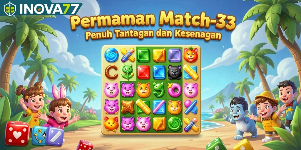 Tampilan permainan INOVA77 yang penuh warna dan tantangan Match-3.