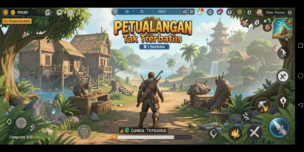 Tangkapan layar gameplay KNO89 yang menunjukkan eksplorasi dunia terbuka yang luas.