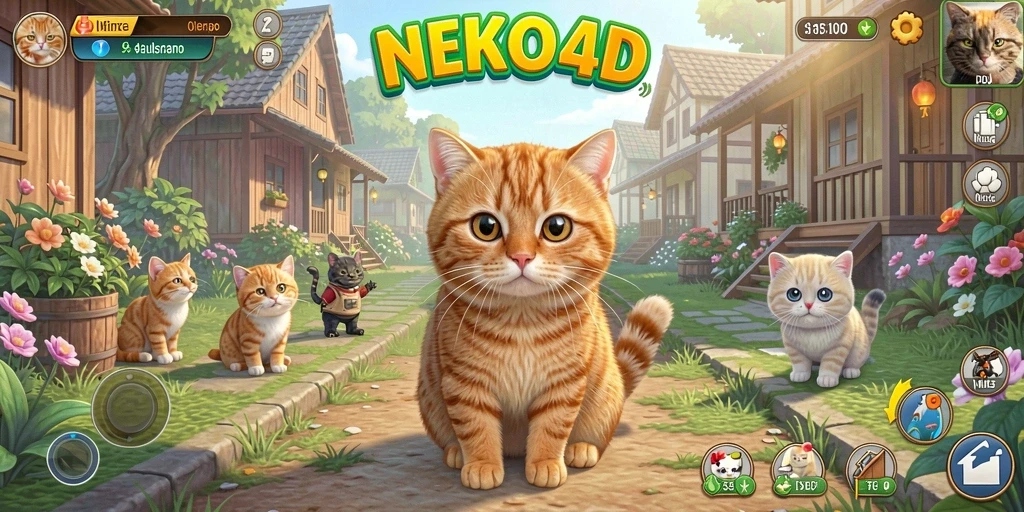 Tampilan gameplay NEKO4D dengan kucing lucu dan interaksi seru.