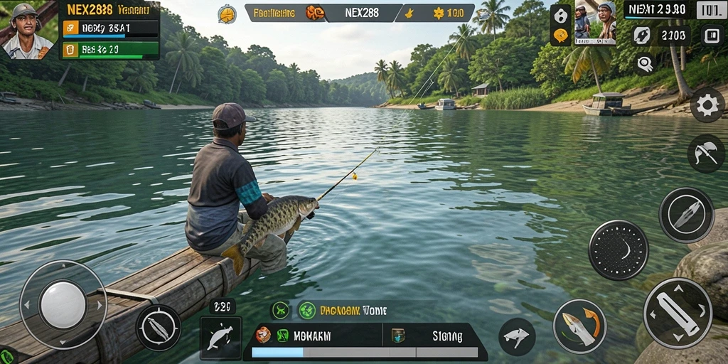 Screenshot gameplay NEX288 menampilkan momen memancing yang mendebarkan.