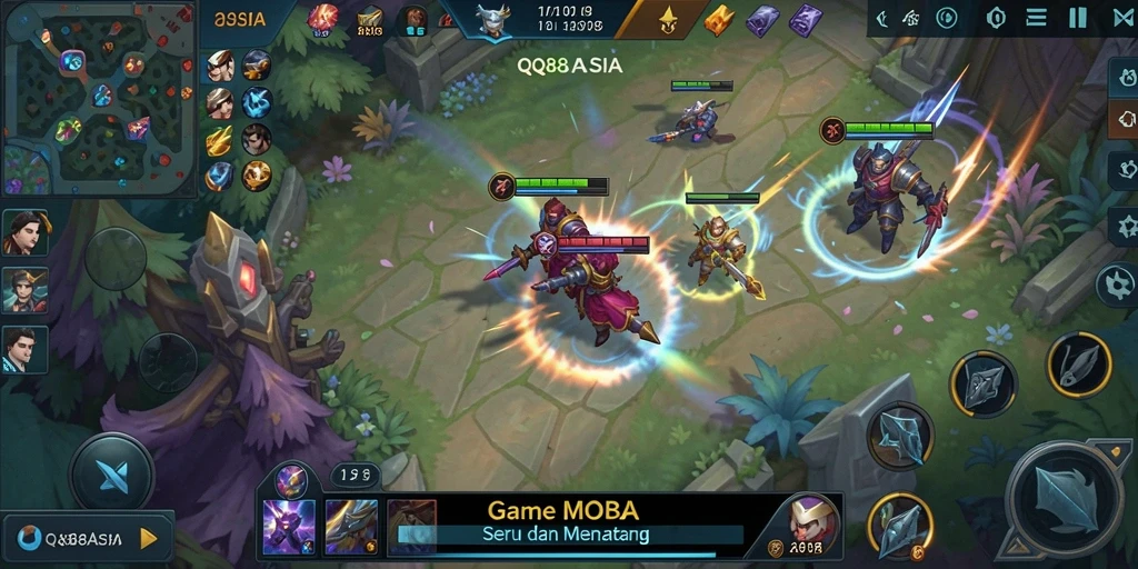 Screenshot gameplay QQ88ASIA menunjukkan pertarungan tim yang dinamis.