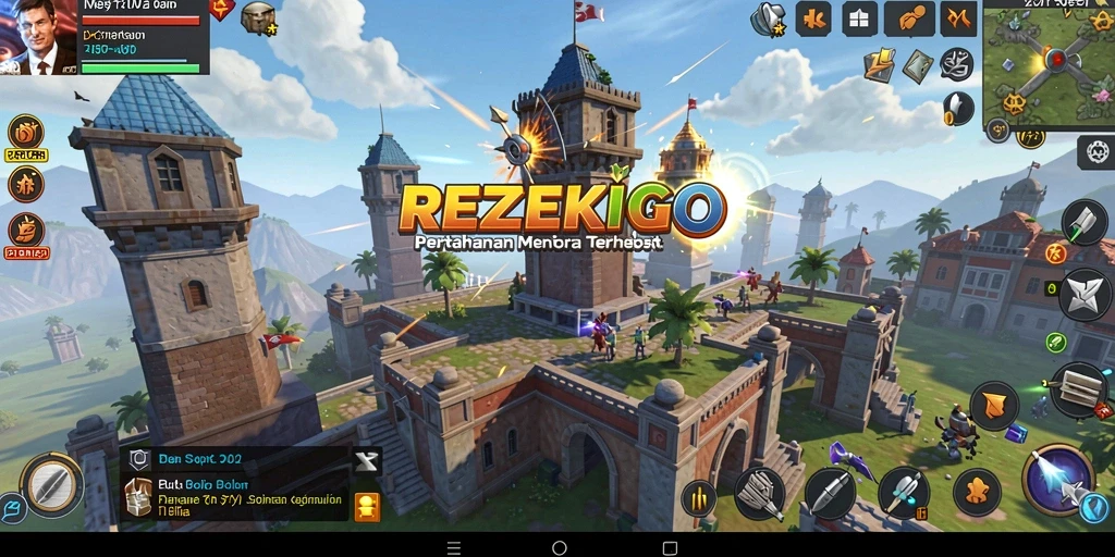 Tampilan gameplay <strong>REZEKIGO</strong> saat mempertahankan menara dari gelombang musuh.