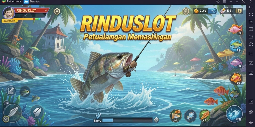 Tampilan gameplay RINDUSLOT dengan ikan beragam dan alat memancing.