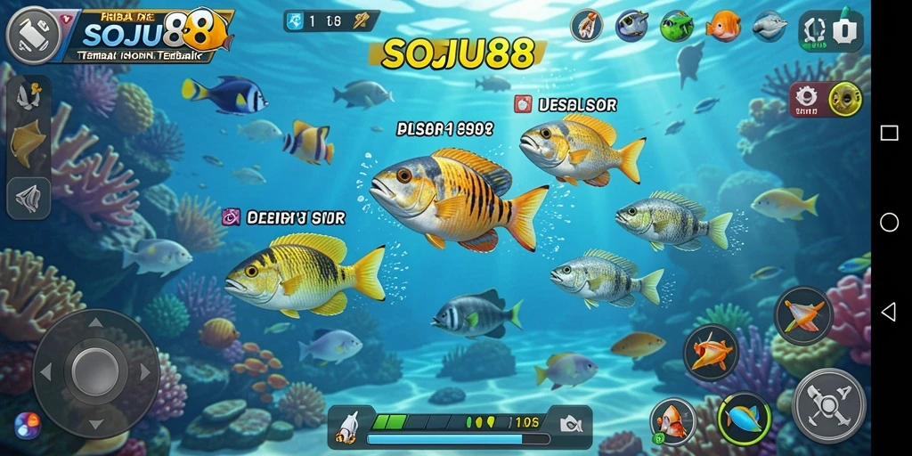 Screenshot SOJU88 menunjukkan aksi seru saat menembak ikan.