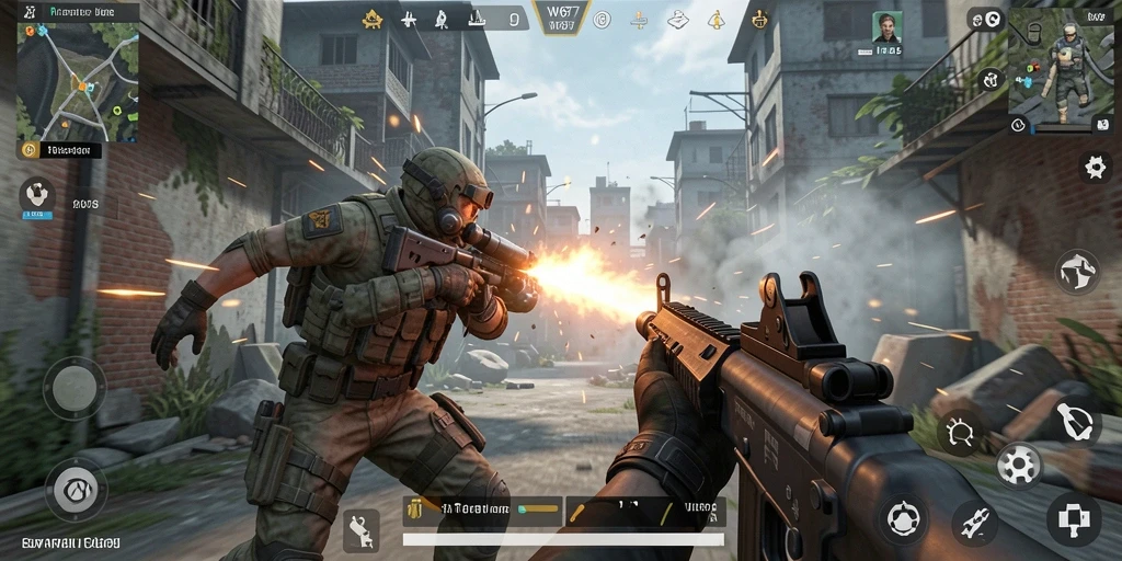 Tangkapan layar gameplay W67 menampilkan pertempuran intens dalam dunia FPS.